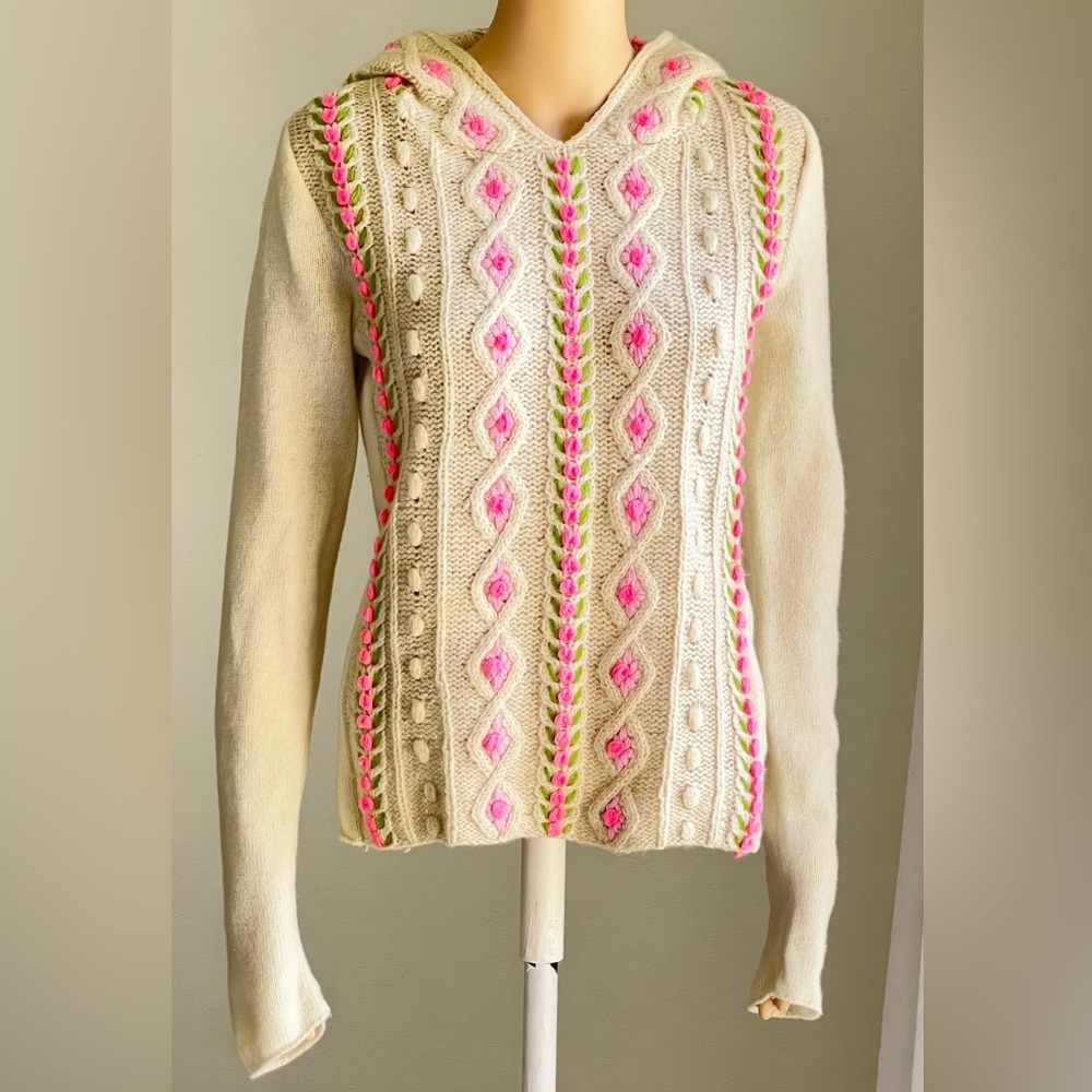 Free People Vintage Boho Floral Embroidered Wool Blend Crochet Cream Sweater